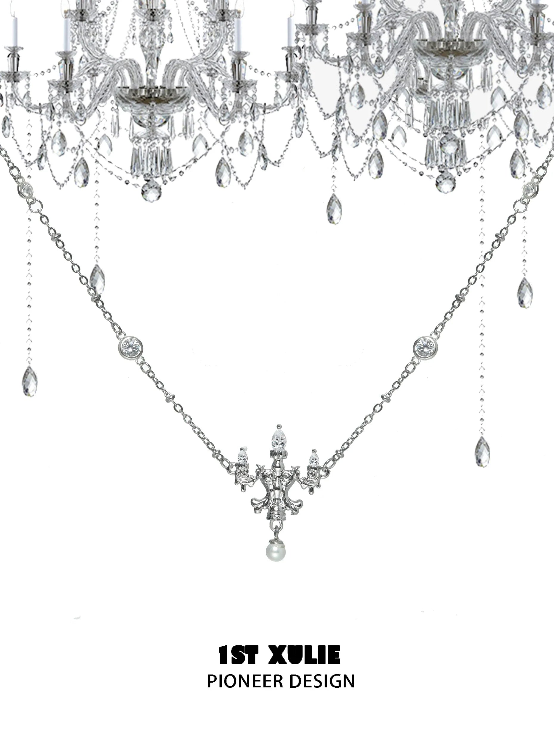 Elegant chandelier with crystal lamp silver necklace adorned with sparkling crystals and intricate design