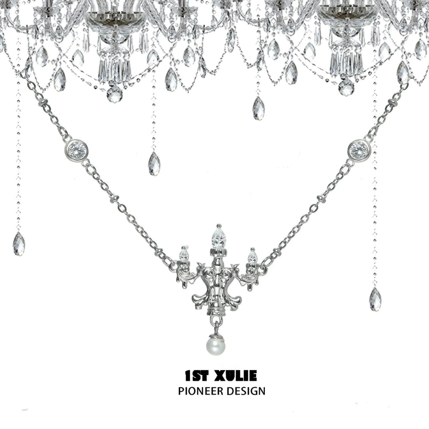 Elegant crystal lamp silver necklace featuring intricate detailing and sparkling crystals