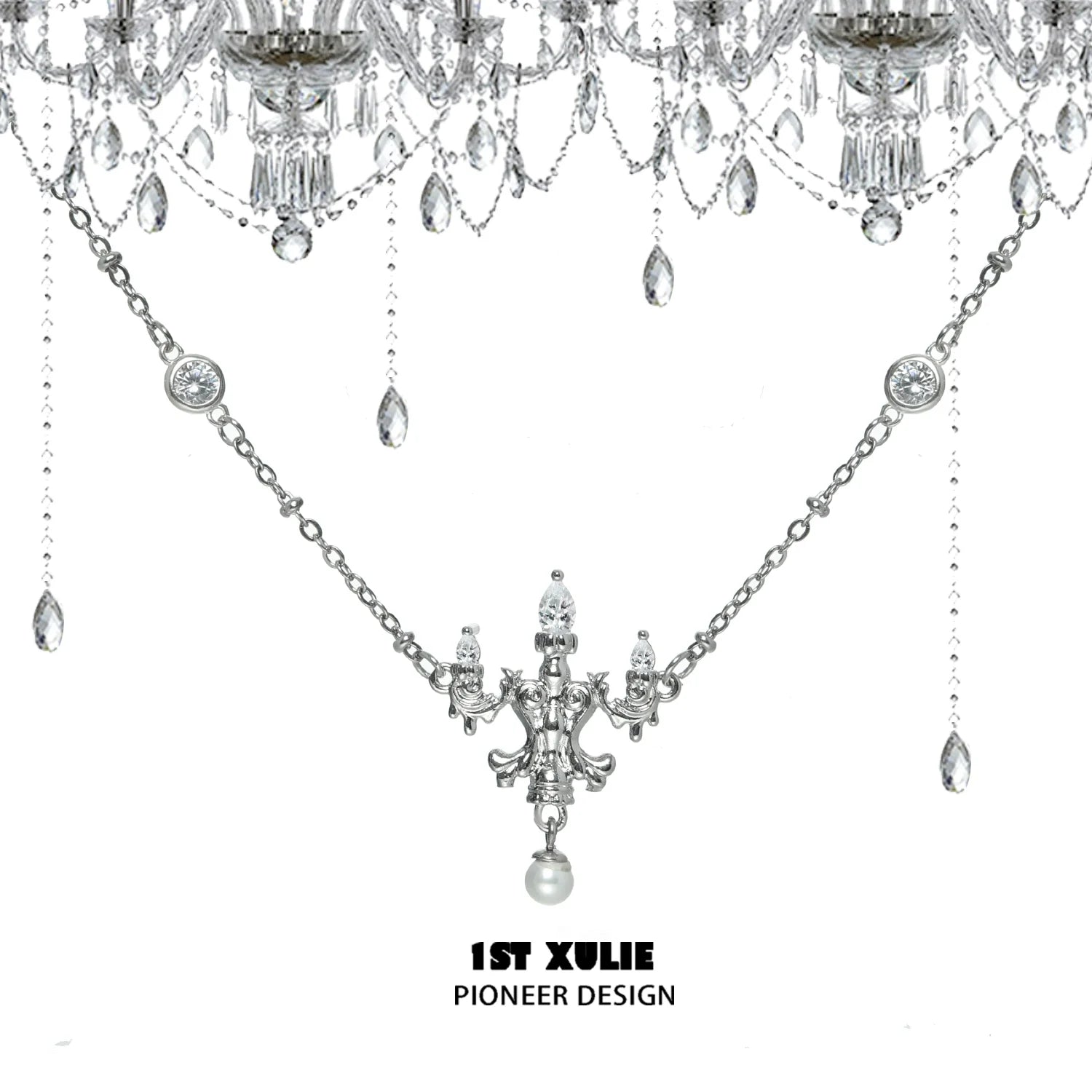 Elegant crystal lamp silver necklace featuring intricate detailing and sparkling crystals
