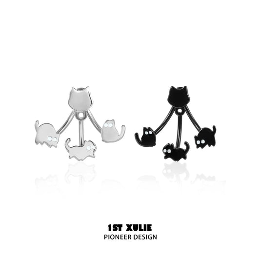 Cute cat earrings removable in silver and black featuring playful cat designs
