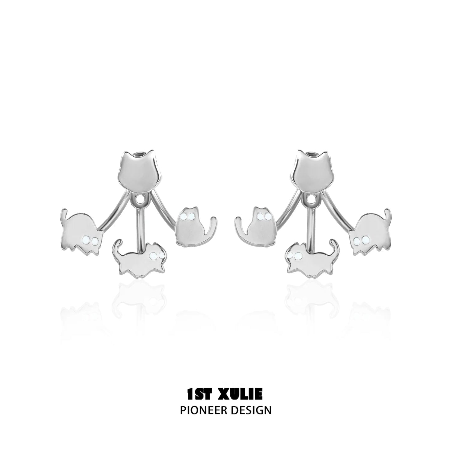 Cute cat earrings removable featuring playful cat designs in silver for cat lovers