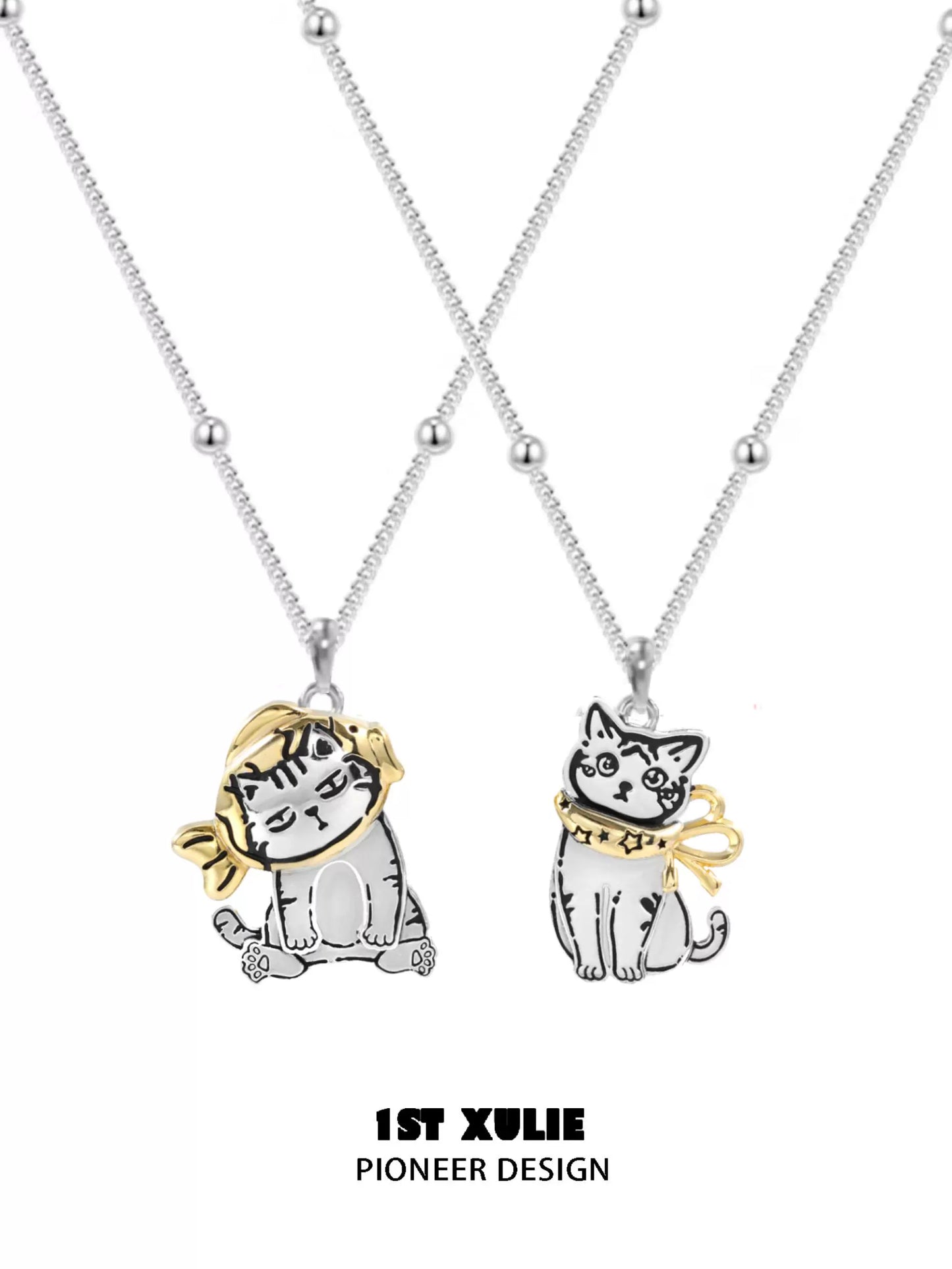 Cute cat necklace featuring two adorable cat designs with silver chains from 1STXULIE