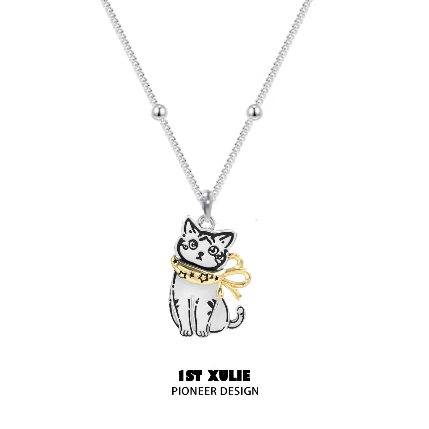 Cute cat necklace by 1STXULIE featuring a charming cat pendant with a golden collar