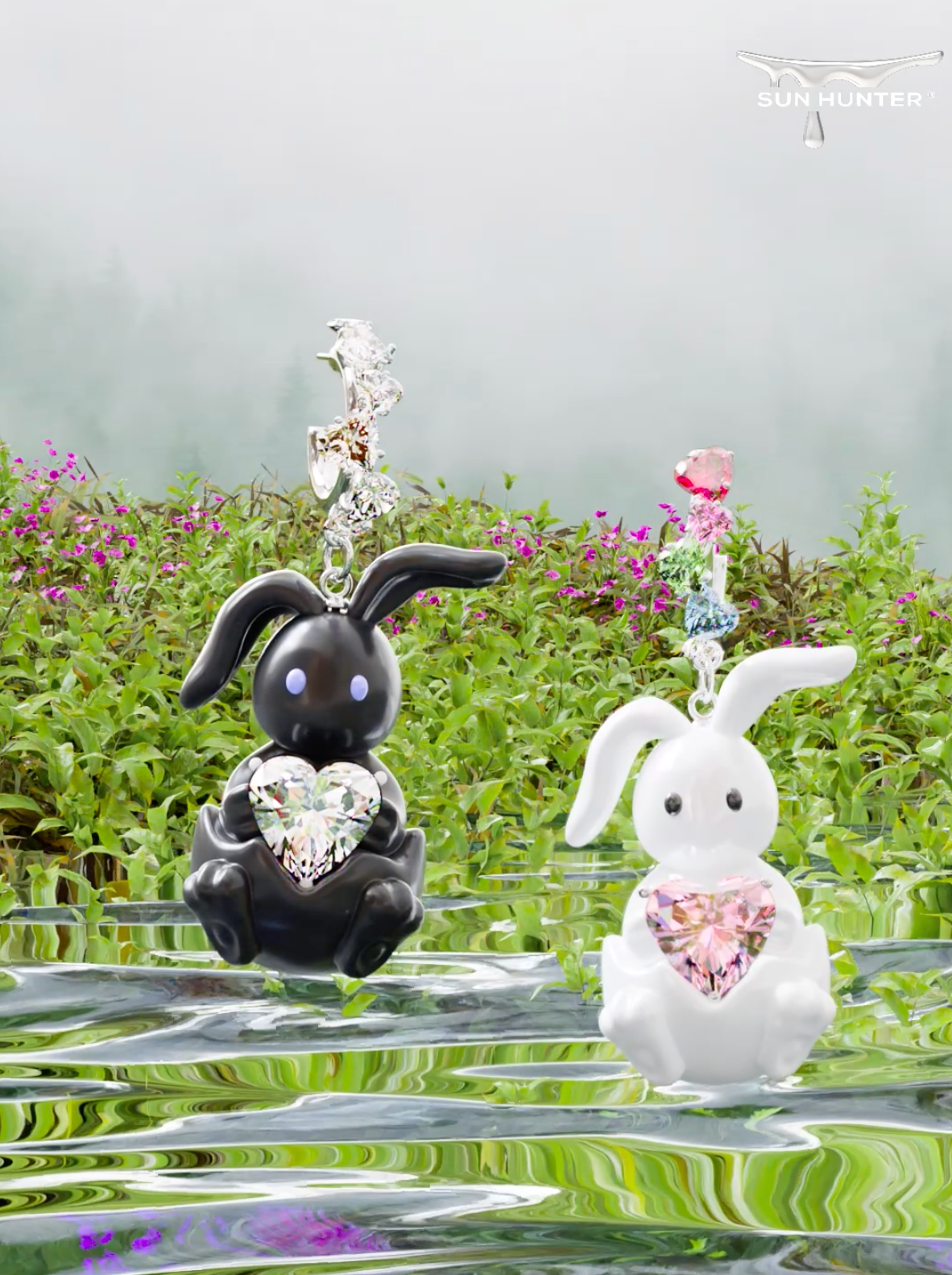 Cute enamel rabbit earrings in black and white with heart-shaped stones for a playful accessory