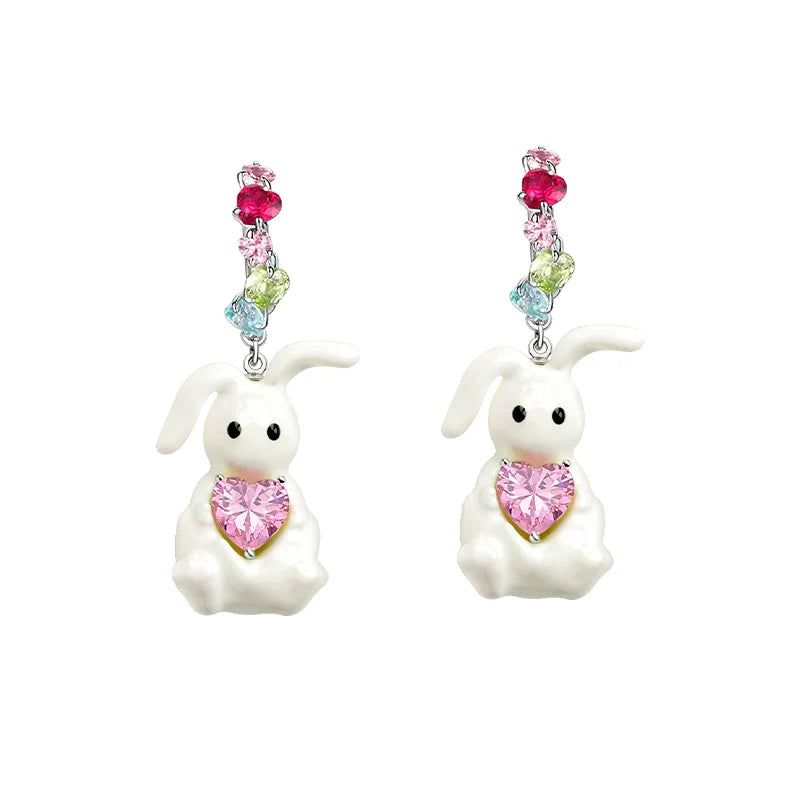 Cute enamel rabbit earrings with colorful heart-shaped accents for a charming look