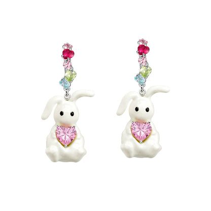 Cute enamel rabbit earrings with colorful heart-shaped accents for a charming look