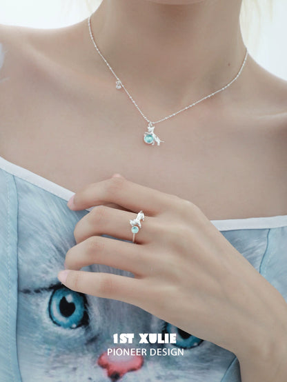 Cute kitten silver ring designed by 1ST XULIE, showcasing a charming feline detail