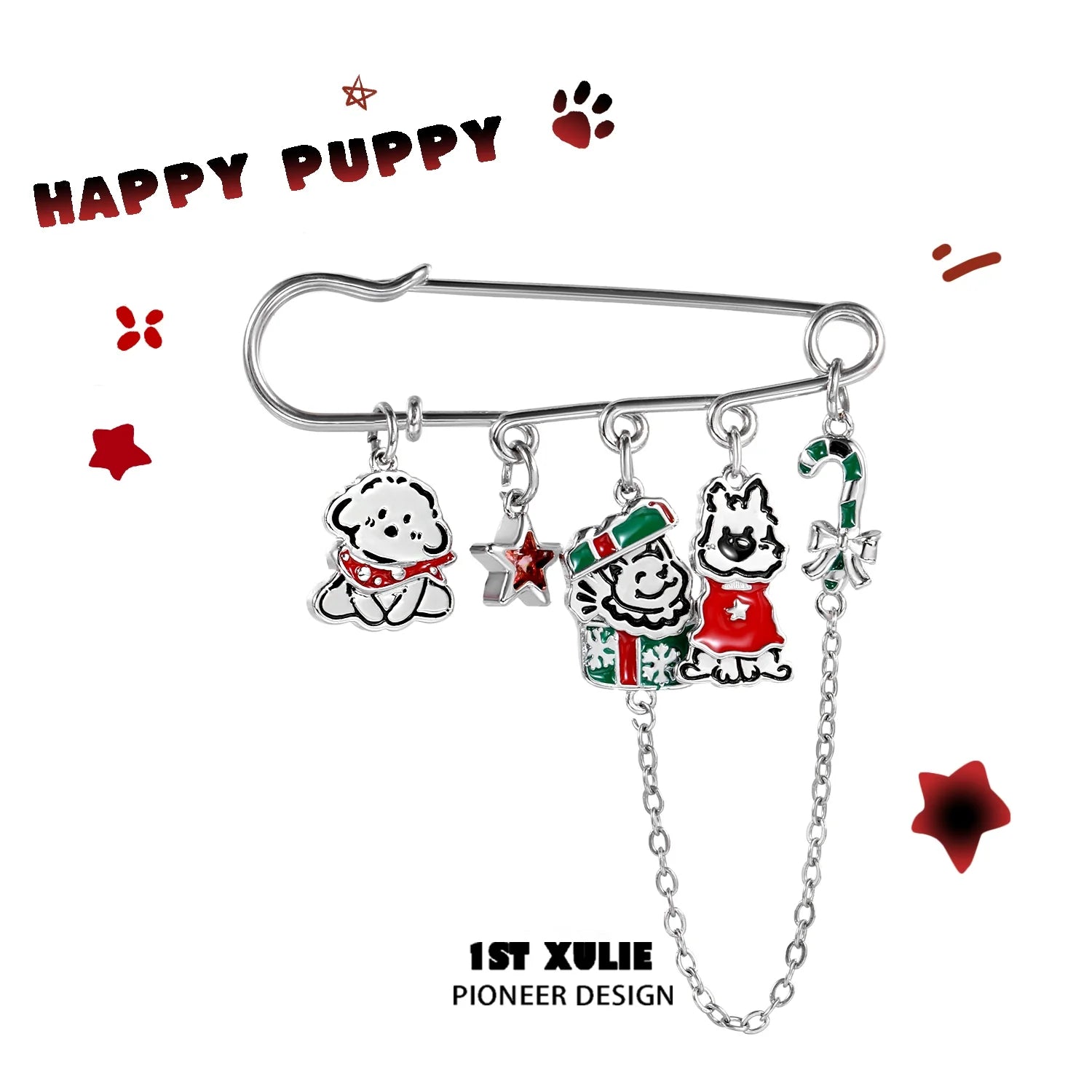 Cute puppy brooch pin with adorable charms including a puppy and festive elements