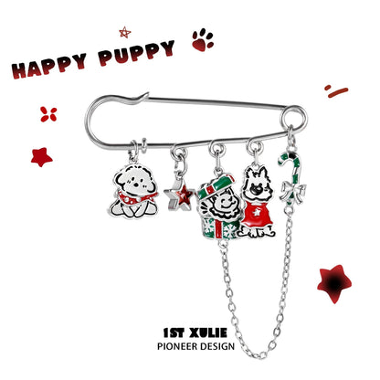 Cute puppy brooch pin with adorable charms including a puppy and festive elements