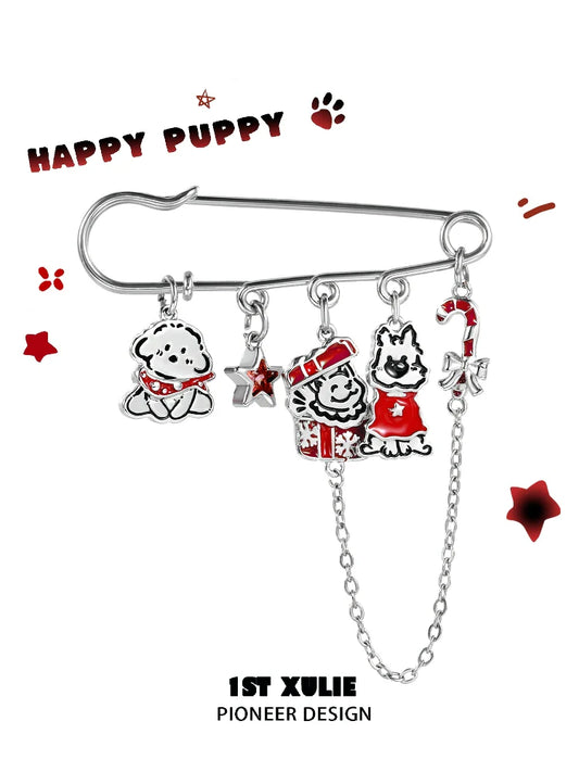 Cute puppy brooch pin featuring five adorable dog charms for pet lovers