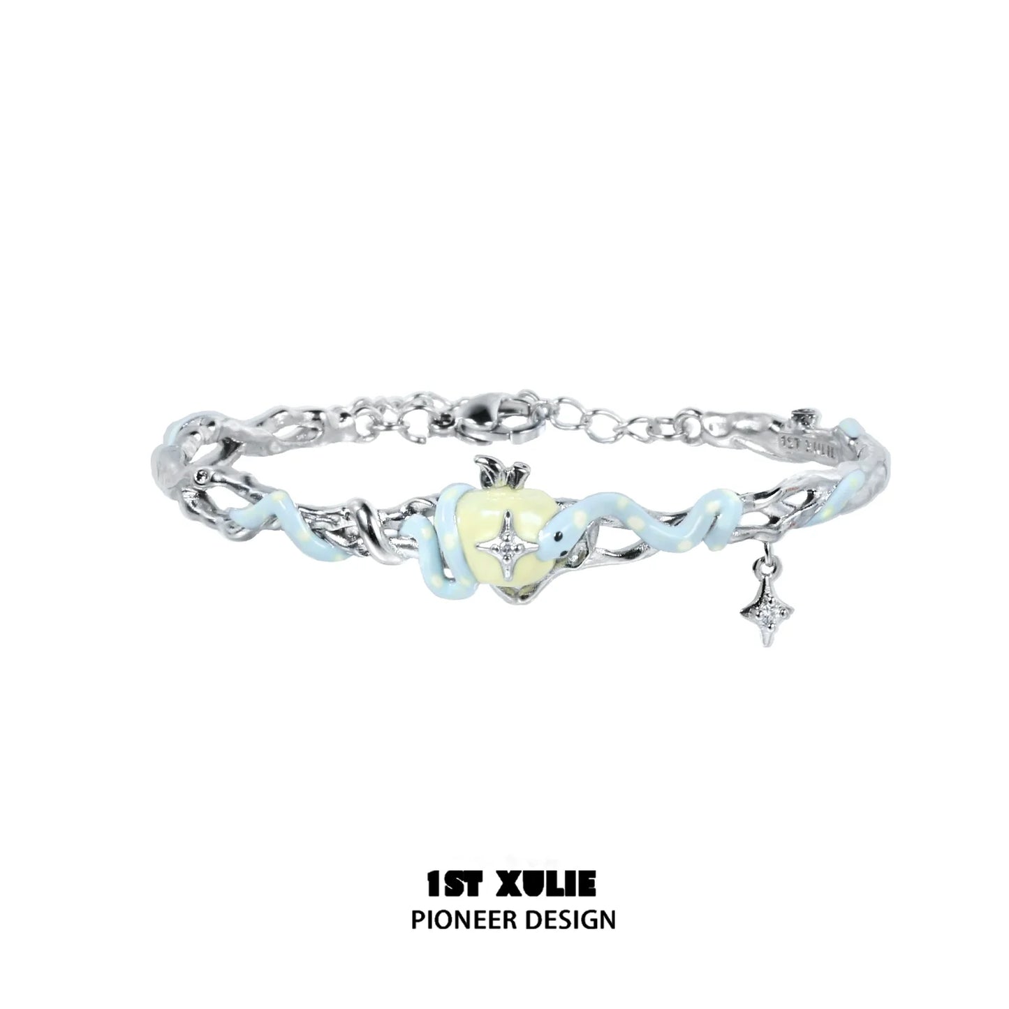 Cute snake apple bracelet with silver charm and blue accents for trendy accessory lovers