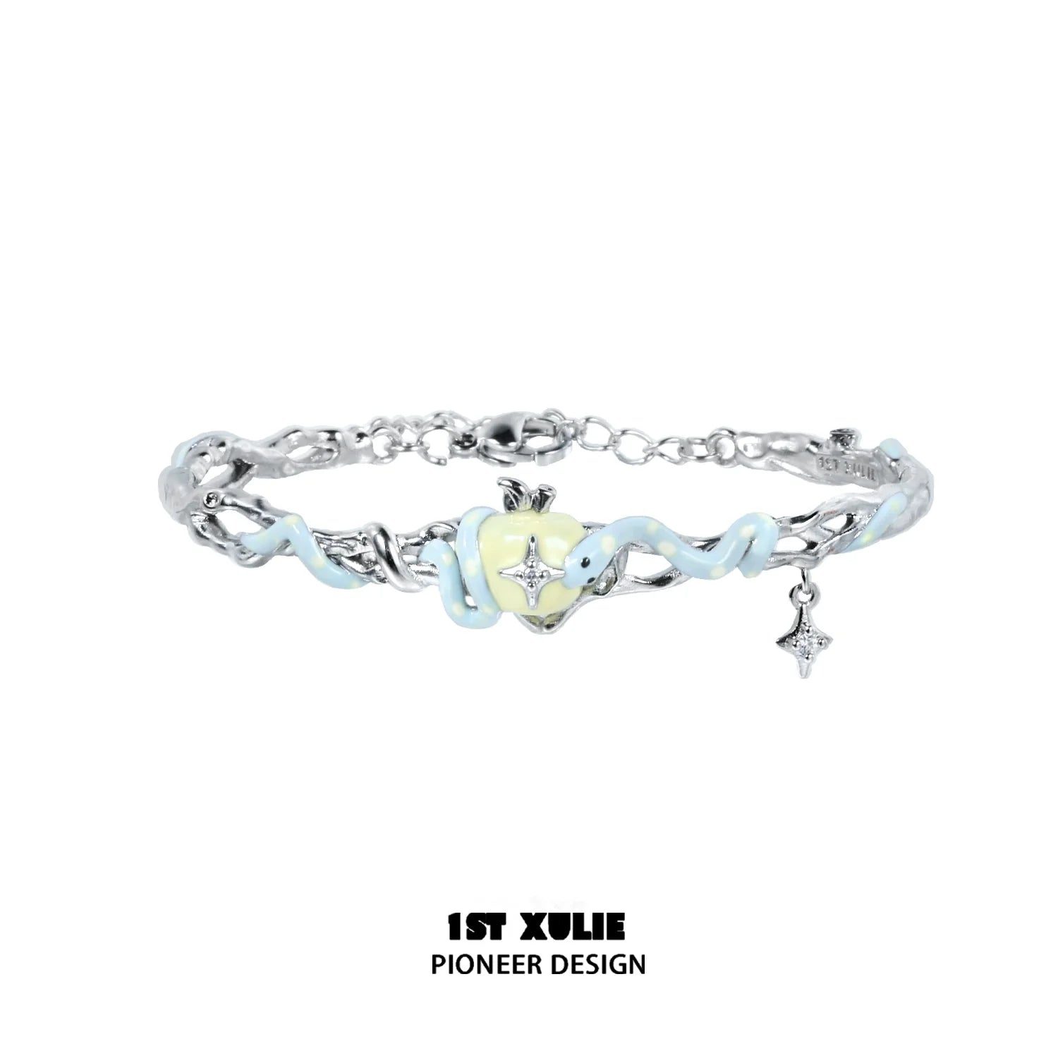 Cute snake apple bracelet with silver charm and blue accents for trendy accessory lovers