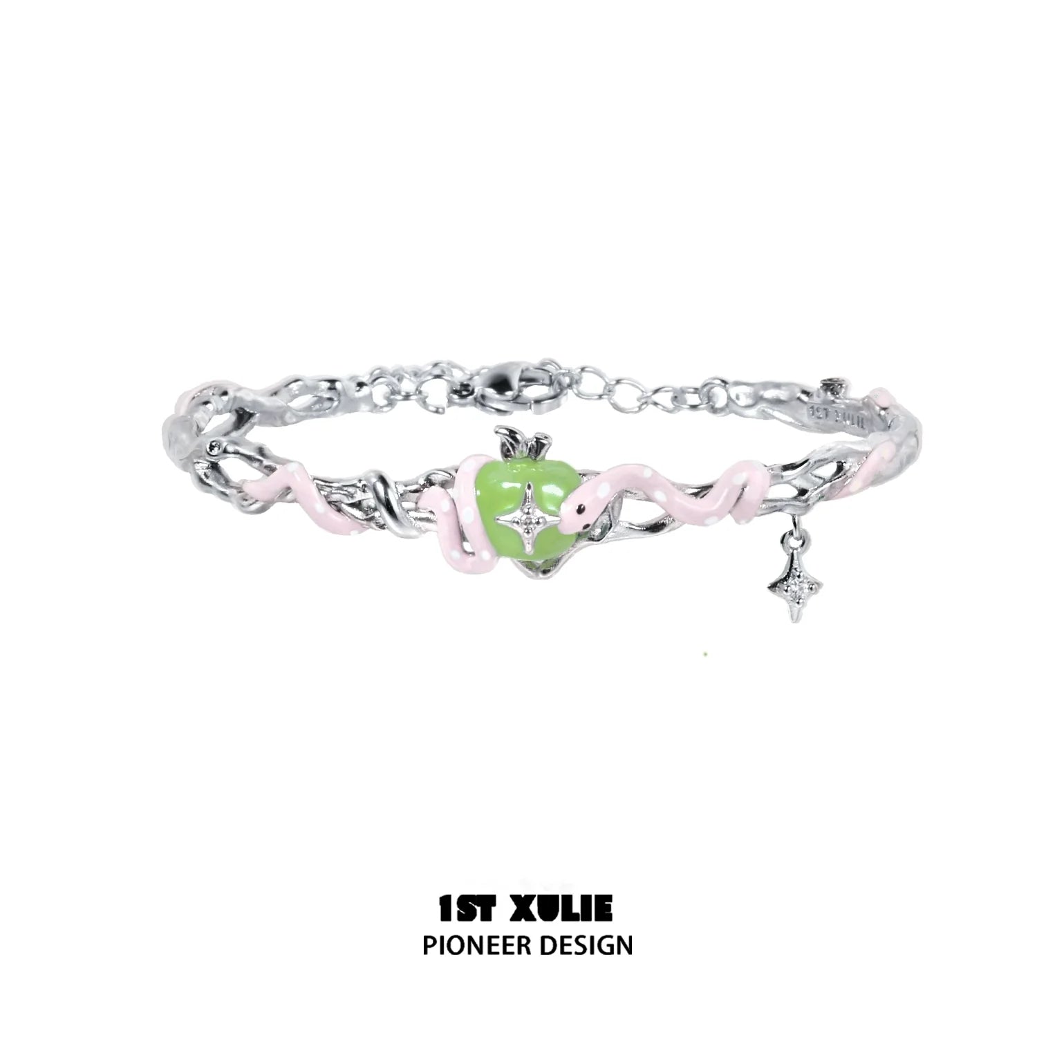 Cute snake apple bracelet featuring a playful snake and apple charm in vibrant colors
