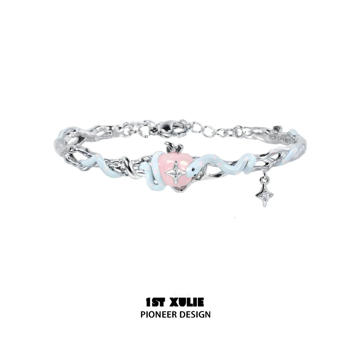 Cute snake apple bracelet featuring a pink heart charm and silver accents for a playful accessory