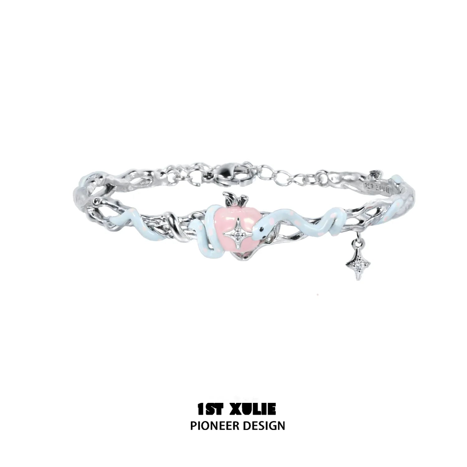 Cute snake apple bracelet featuring a pink heart charm and silver accents for a playful accessory