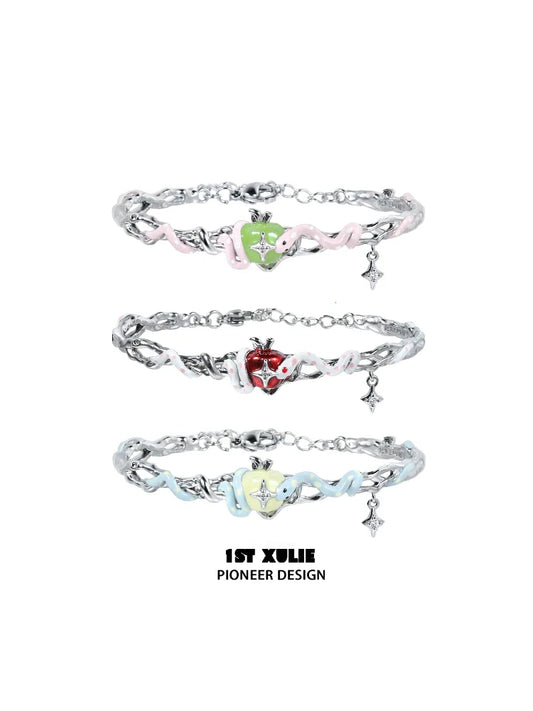 Cute snake apple bracelet in three colors featuring playful designs and a charming heart detail