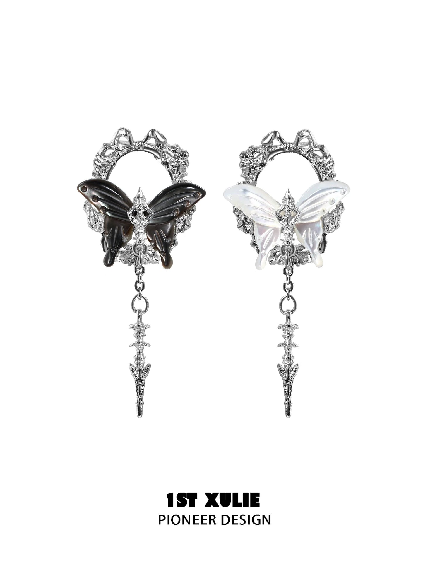 Stylish cyber butterfly earrings featuring black and white butterflies with intricate designs