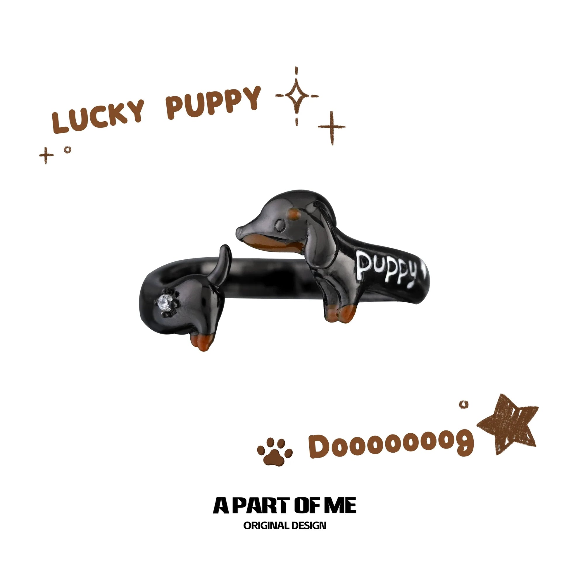 Dachshund silver ring from A PART OF ME featuring a playful puppy design with detailed embellishments