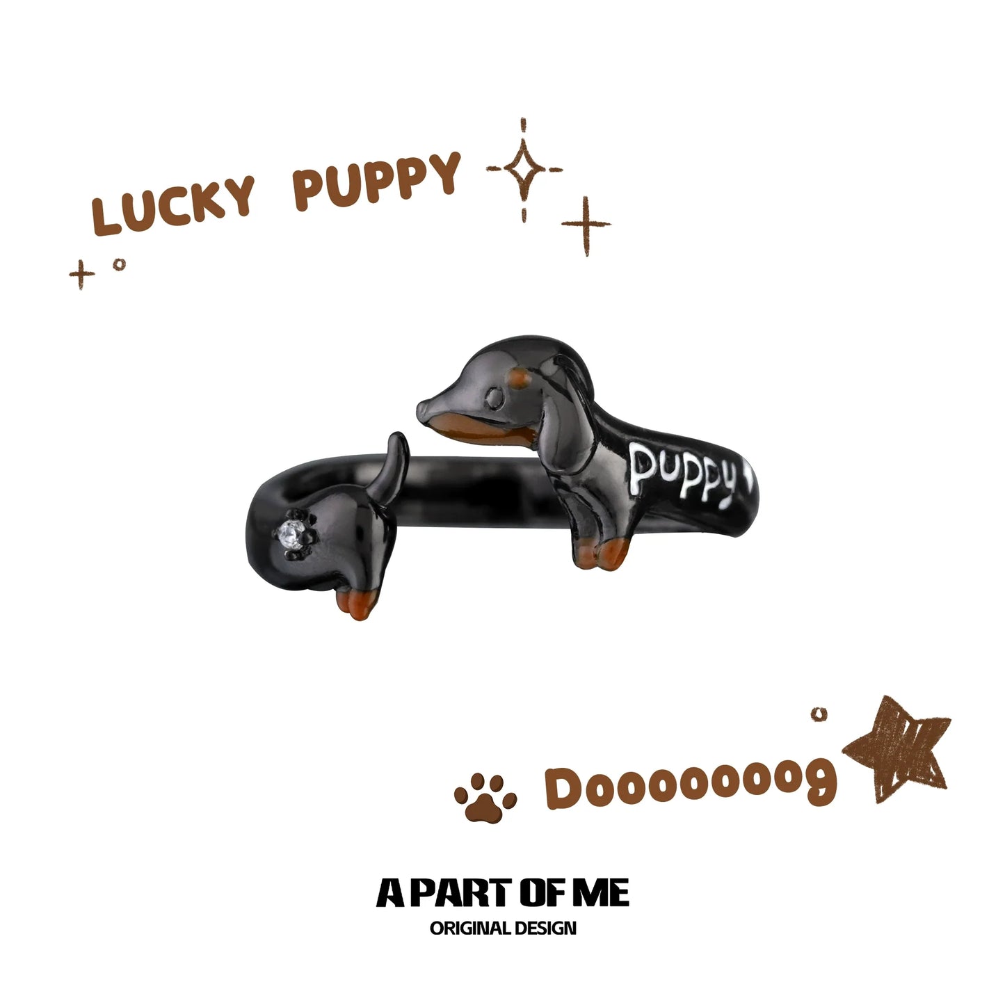 Dachshund silver ring from A PART OF ME featuring an adorable puppy design with black enamel finish