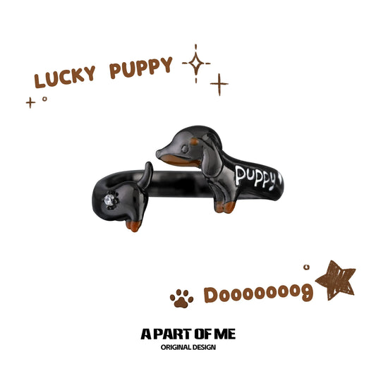 Dachshund silver ring from A PART OF ME featuring an adorable puppy design with black enamel finish