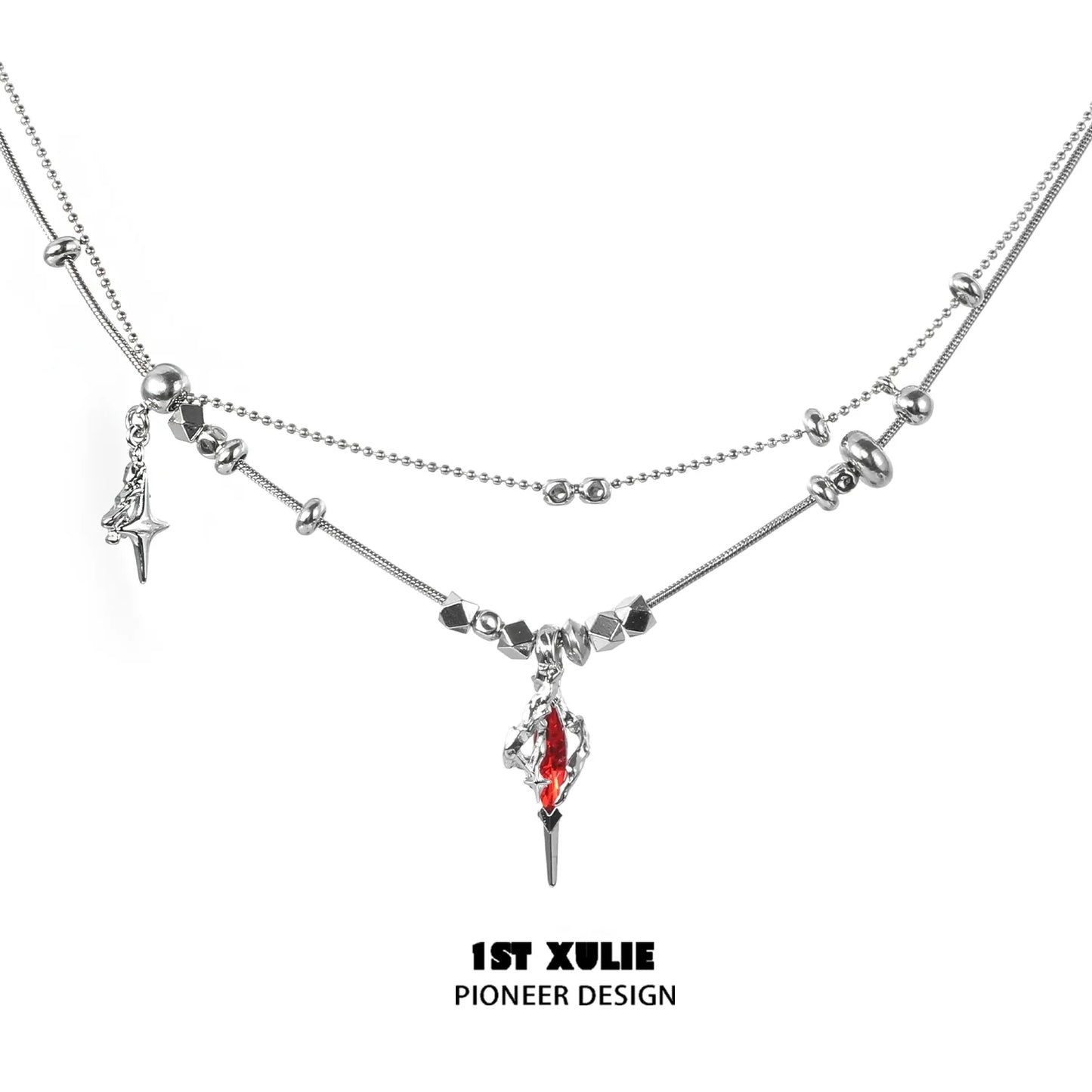 1STXULIE dark dreamcore necklace featuring silver chains and a red crystal pendant