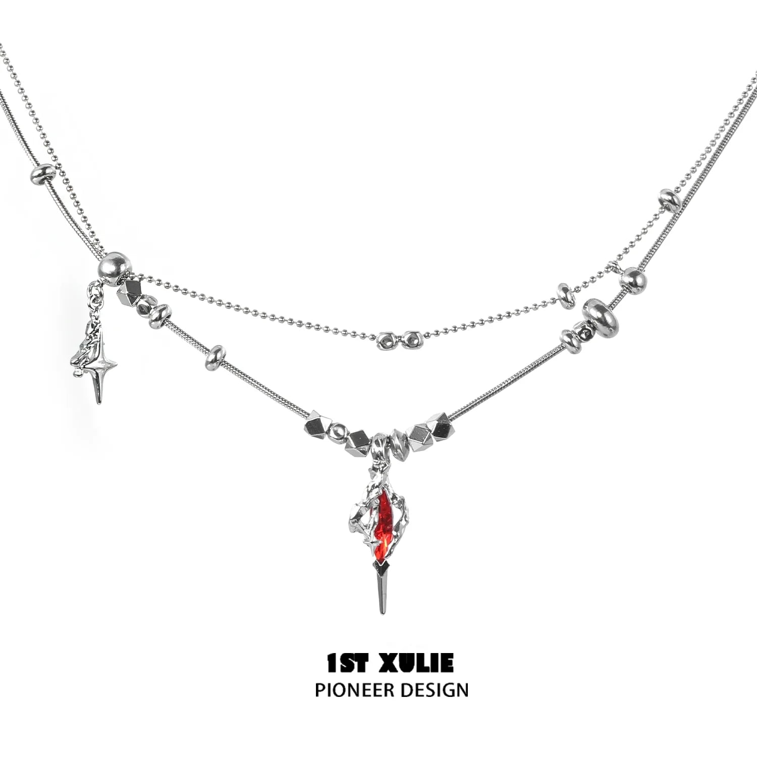 1STXULIE dark dreamcore necklace featuring silver chains and a red crystal pendant