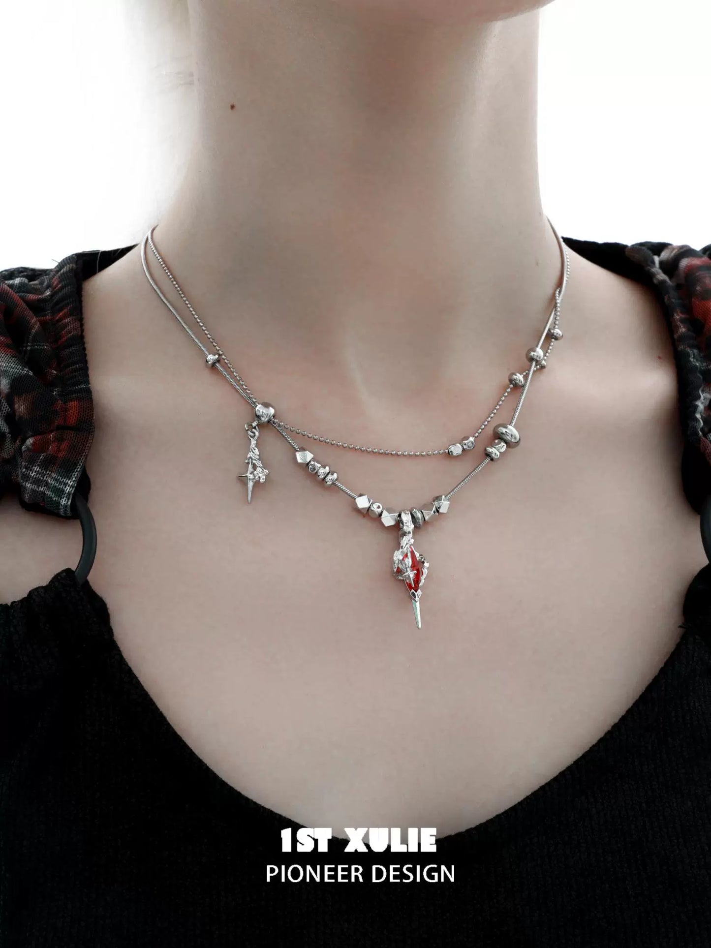 1ST XULIE Dark Dreamcore Necklace featuring layered chains and unique charm details
