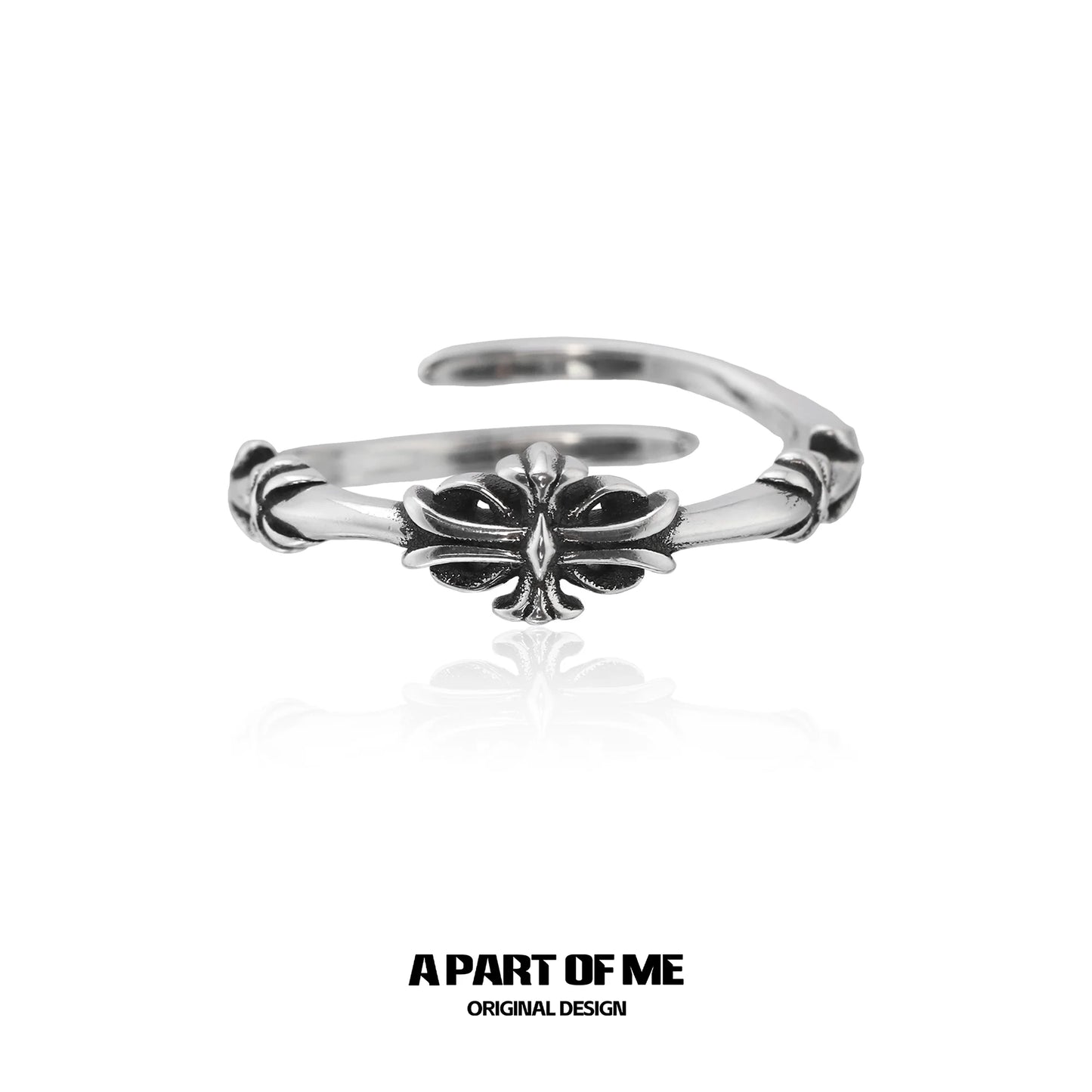 A PART OF ME dark iris vintage ring with intricate floral design in polished silver tone