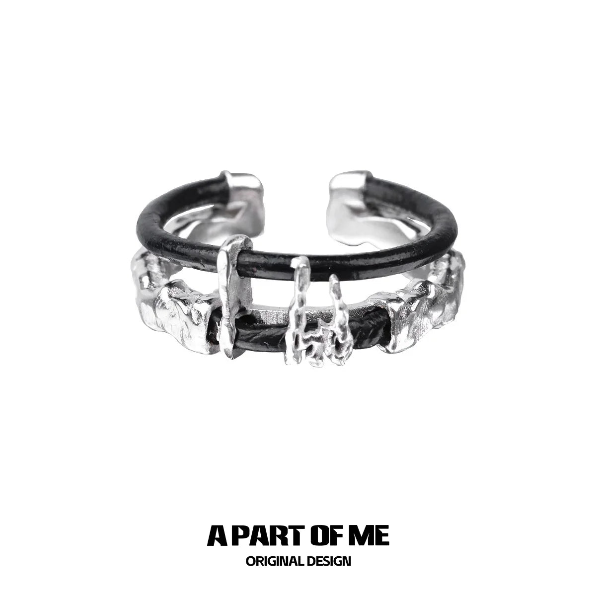 A PART OF ME dark matter leather ring featuring a unique textured design and adjustable fit
