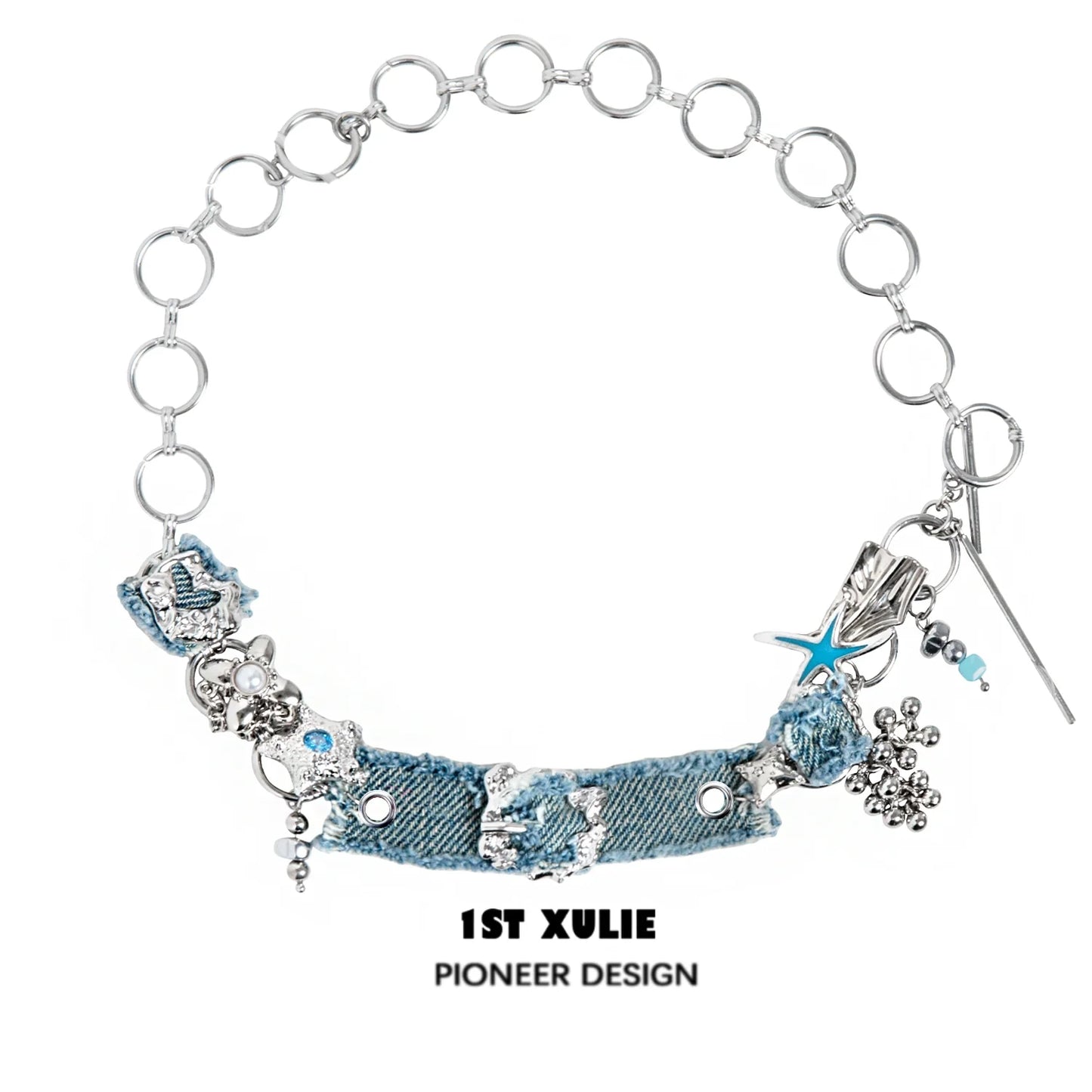 Denim star choker necklace with silver accents and unique design from 1ST XULIE