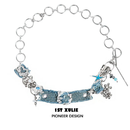 Denim star choker necklace with silver accents and unique design from 1ST XULIE