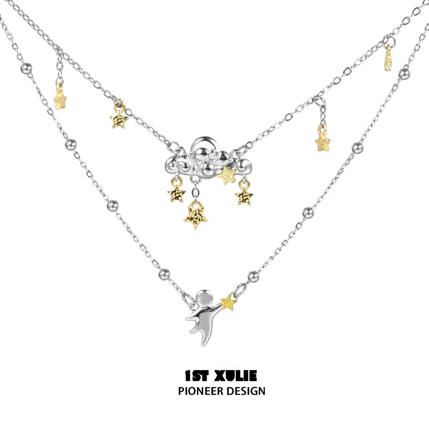 1STXULIE double layered star necklace with gold and silver star charms for a trendy layered look