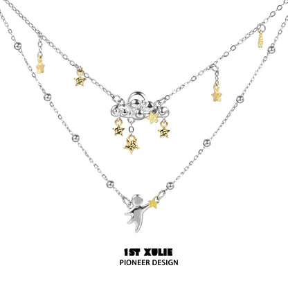 1STXULIE double layered star necklace with gold and silver star charms for a trendy layered look