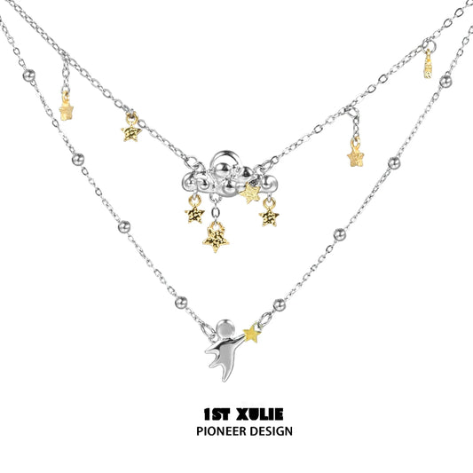 1STXULIE double layered star necklace with gold and silver star charms for a trendy layered look