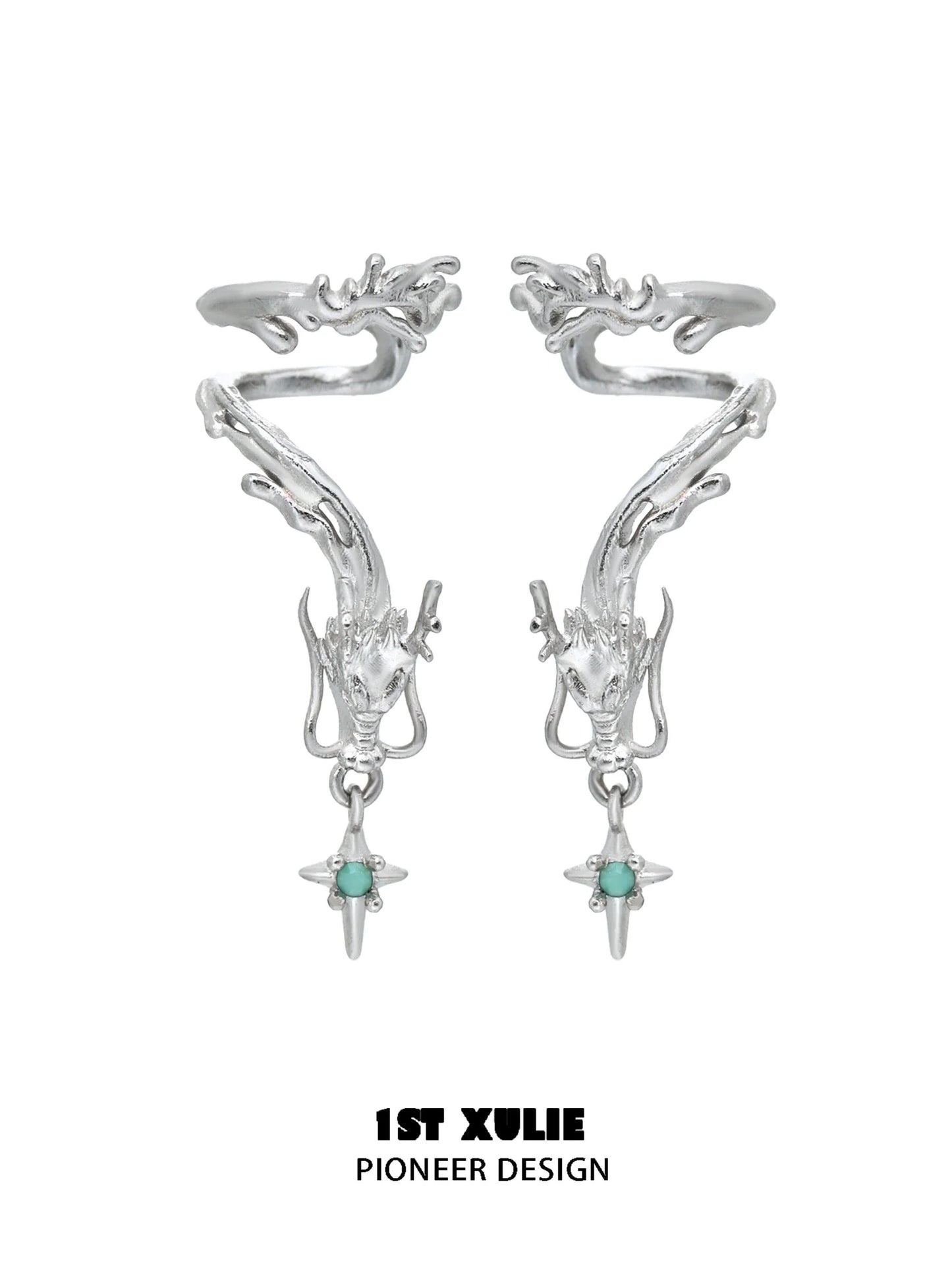Silver dragon ear cuff jewelry featuring intricate design and turquoise accents for a unique look