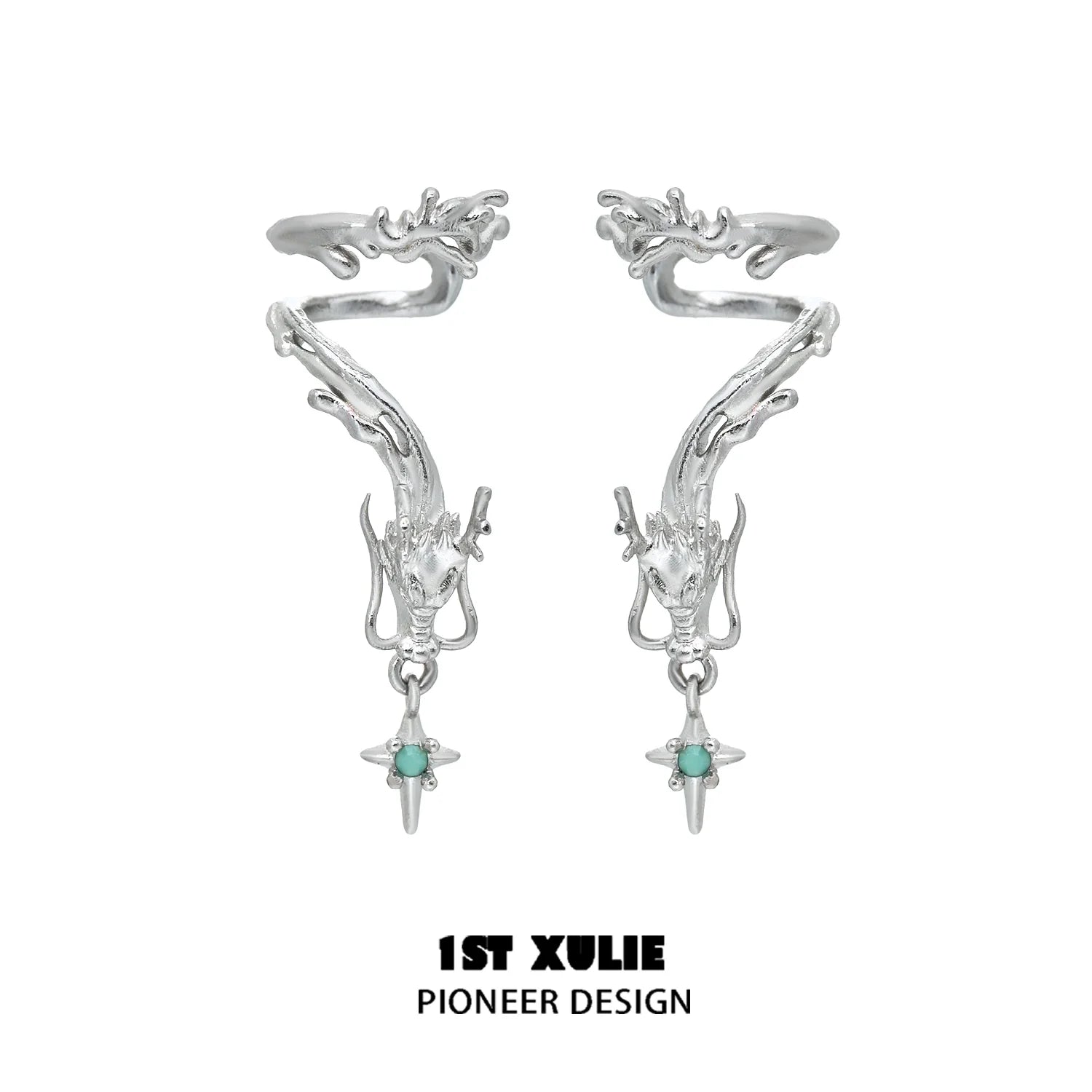 Intricate 1STXULIE dragon ear cuff jewelry with silver finish and turquoise accents