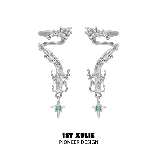 Intricate 1STXULIE dragon ear cuff jewelry with silver finish and turquoise accents