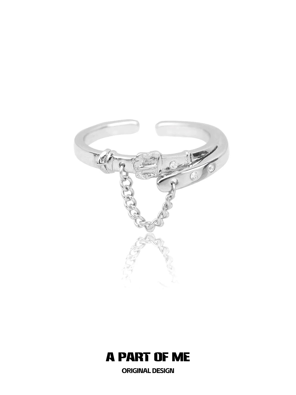 Edgy belt buckle diamond ring from A PART OF ME featuring unique design with chain detail