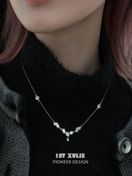 Edgy zircon necklace on a model, featuring a unique design with sparkling stones for a modern look
