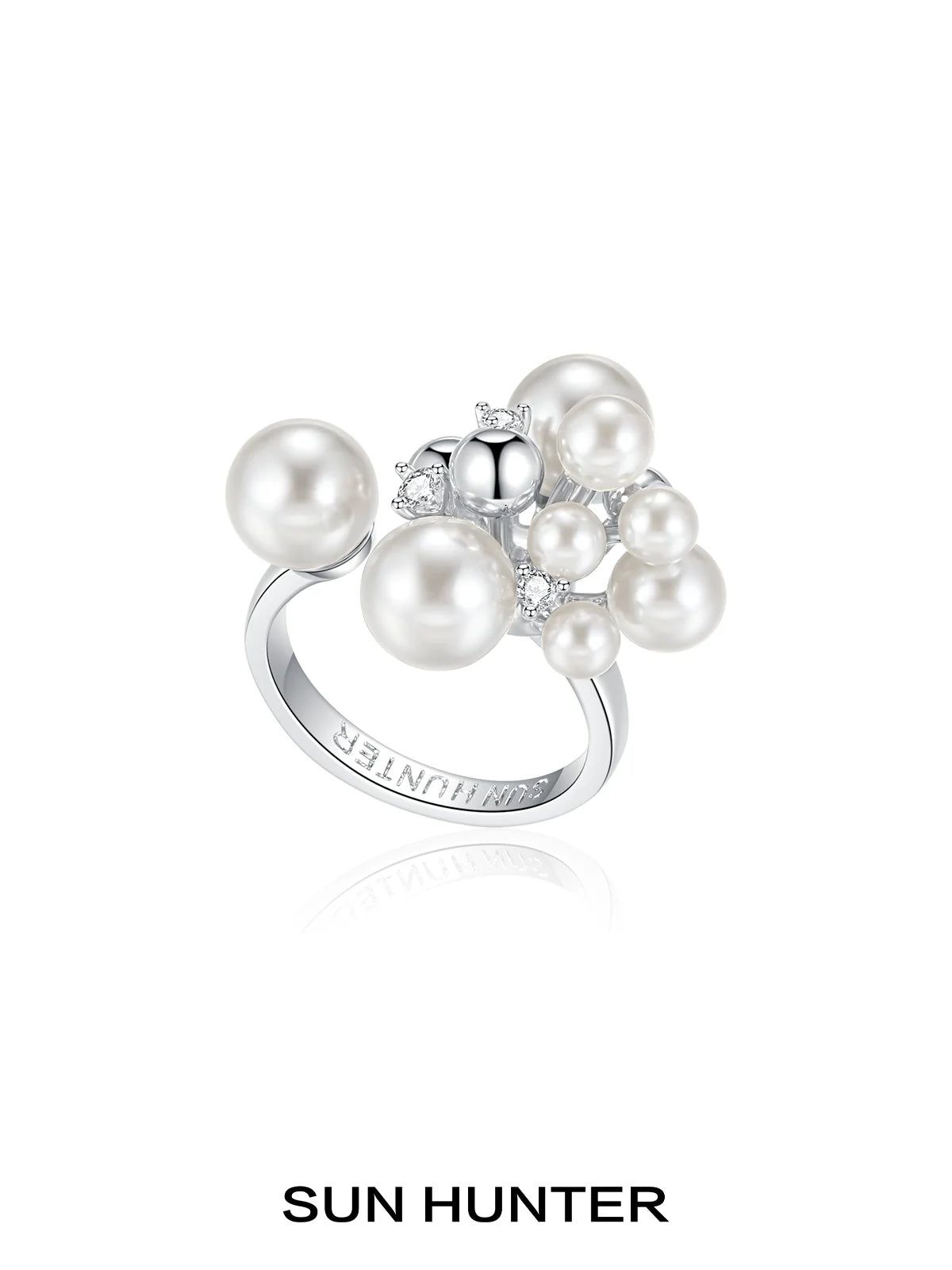 SUN HUNTER elegant pearl statement ring featuring multiple lustrous pearls and sparkling accents