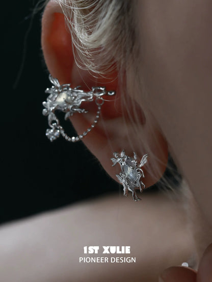 1ST XULIE Elf Opal Earrings in Silver with Intricate Design and Gemstone Accents