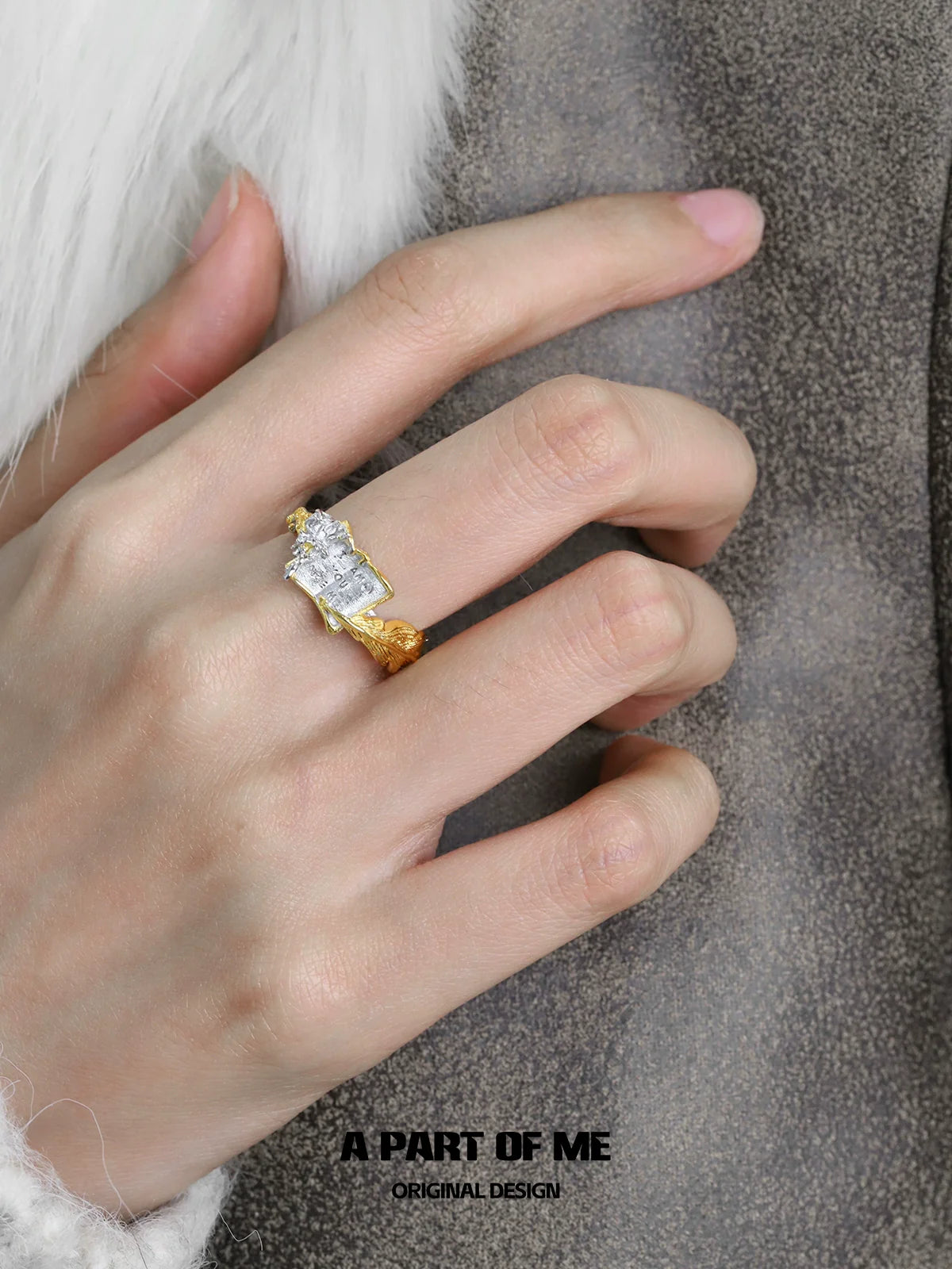 A PART OF ME feather rose engraved ring showcased on a hand with elegant detailing
