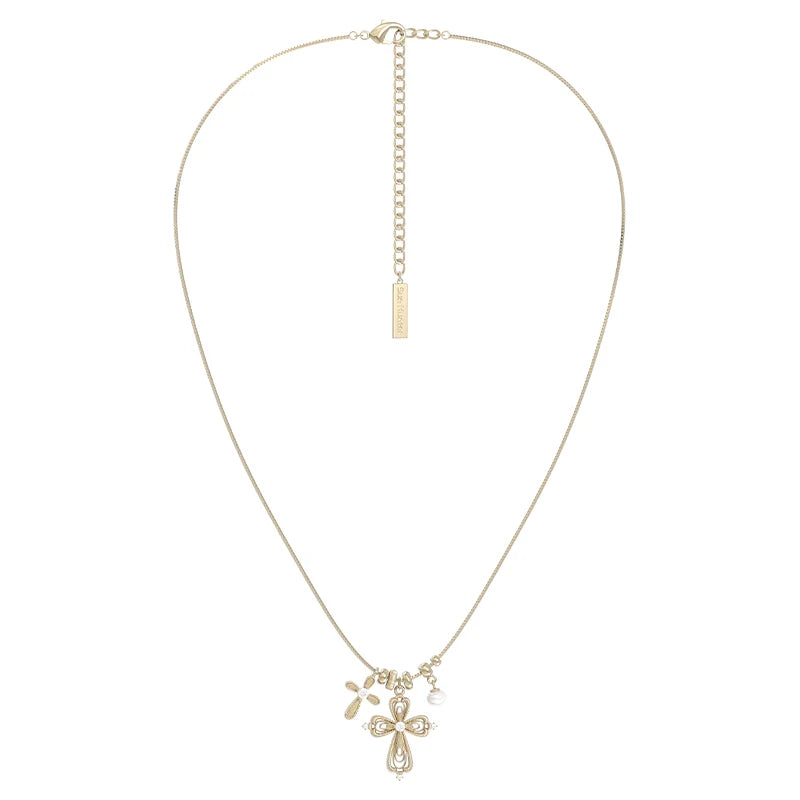 Elegant SUN HUNTER faith charm necklace with gold chain and faith-themed pendants