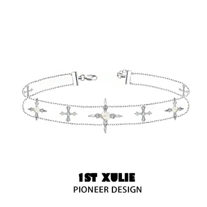 Faithful rose cross necklace featuring delicate silver chains with decorative cross charms