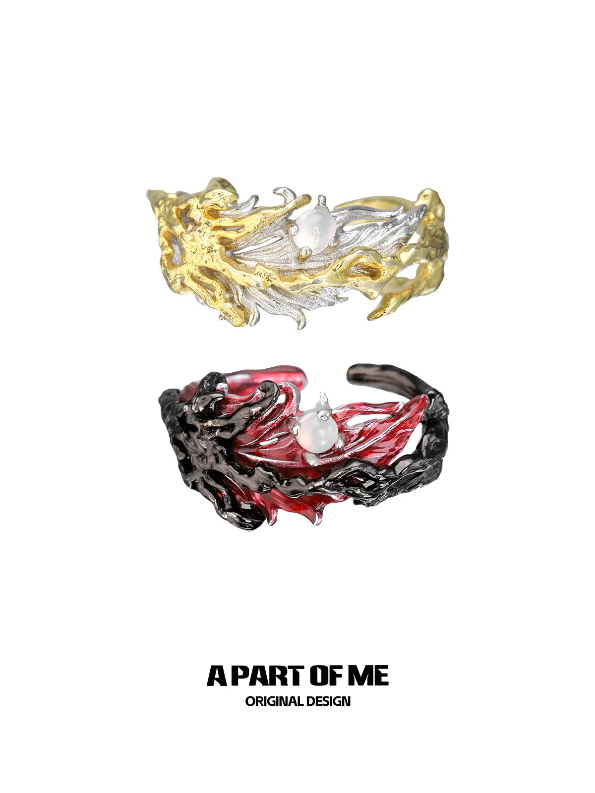 A PART OF ME feather agate ring featuring intricate designs in gold and silver with a central pearl