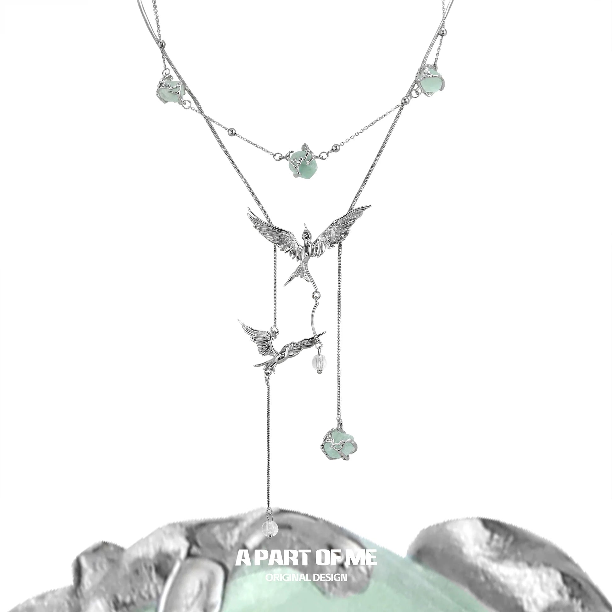 A PART OF ME flying bird fluorite necklace with delicate bird and flower designs