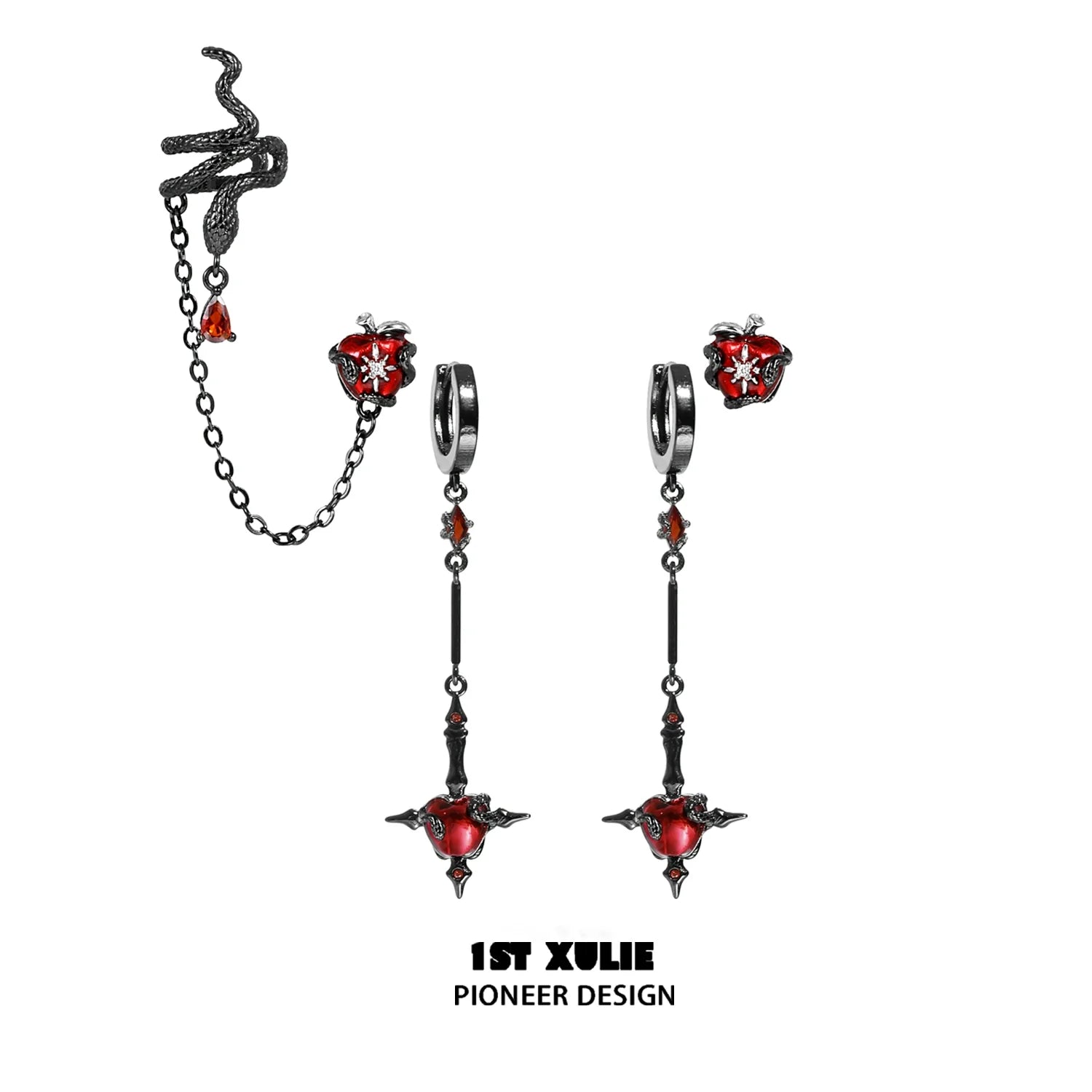 1ST XULIE Forbidden Apple Serpent Earrings with Gothic Design and Red Gem Accents
