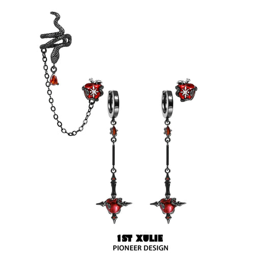 1ST XULIE Forbidden Apple Serpent Earrings with Gothic Design and Red Gem Accents