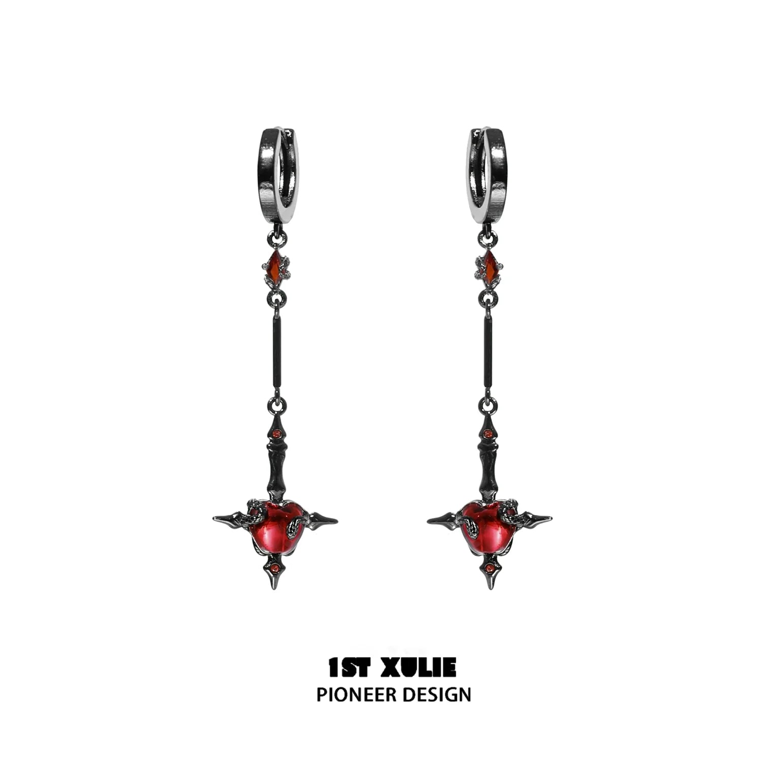 1ST XULIE forbidden apple serpent earrings with intricate design featuring red apple and snake details