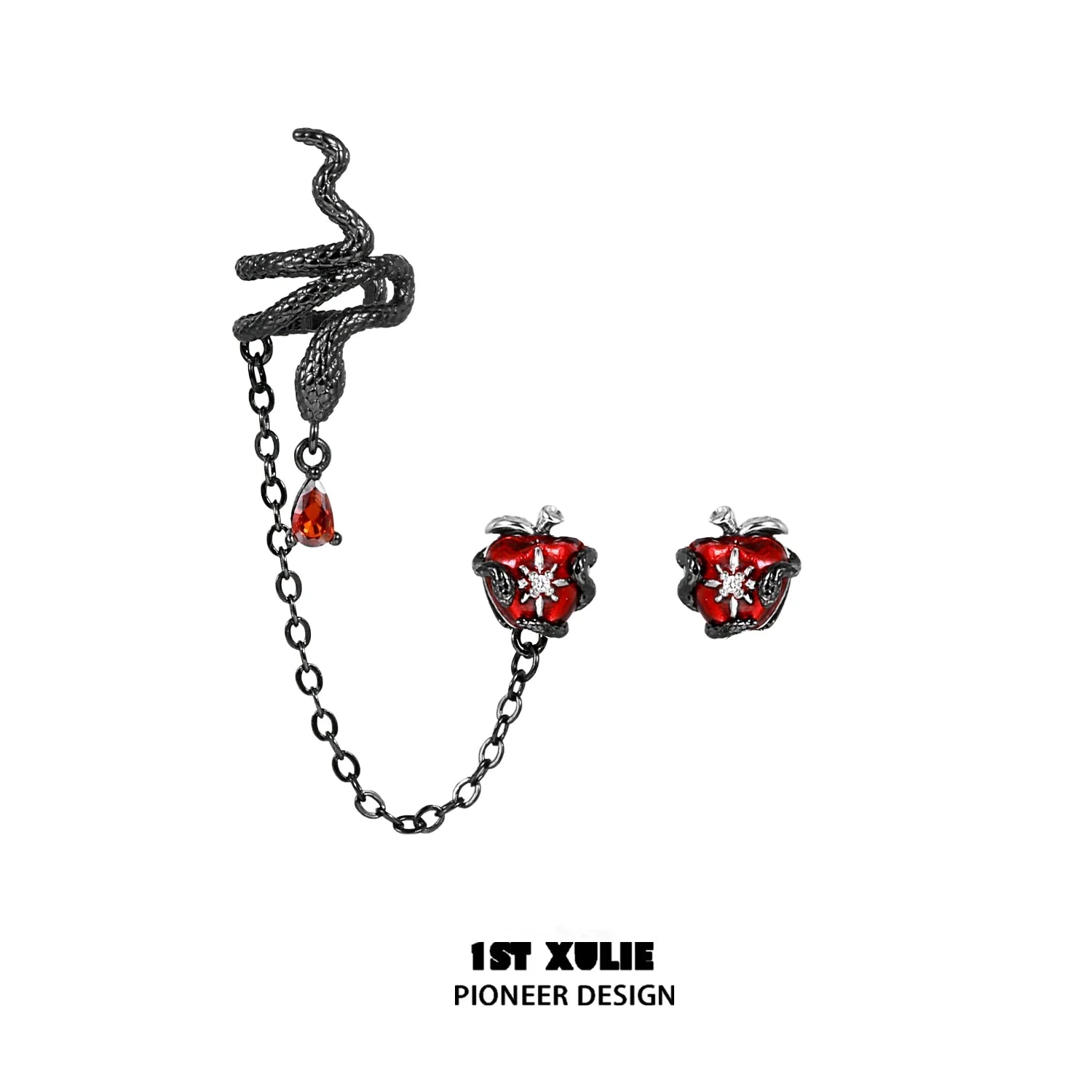 Forbidden apple serpent earrings featuring a snake design and red apple embellishments